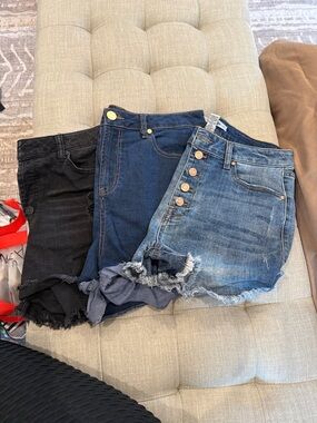 refuge Trio of Distressed Jean Shorts in Black, Dark Blue & Light Blue